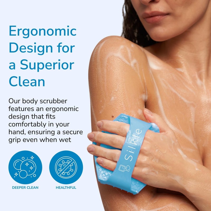 SILKLE Silicone Body Scrubber – Gentle Exfoliating Shower Scrubber for Body & Bath, Silicone Shower Brush & Loofah Alternative – Non-Slip Silicone Body Brush, Quick Dry, Hygienic - Blue - Image 2